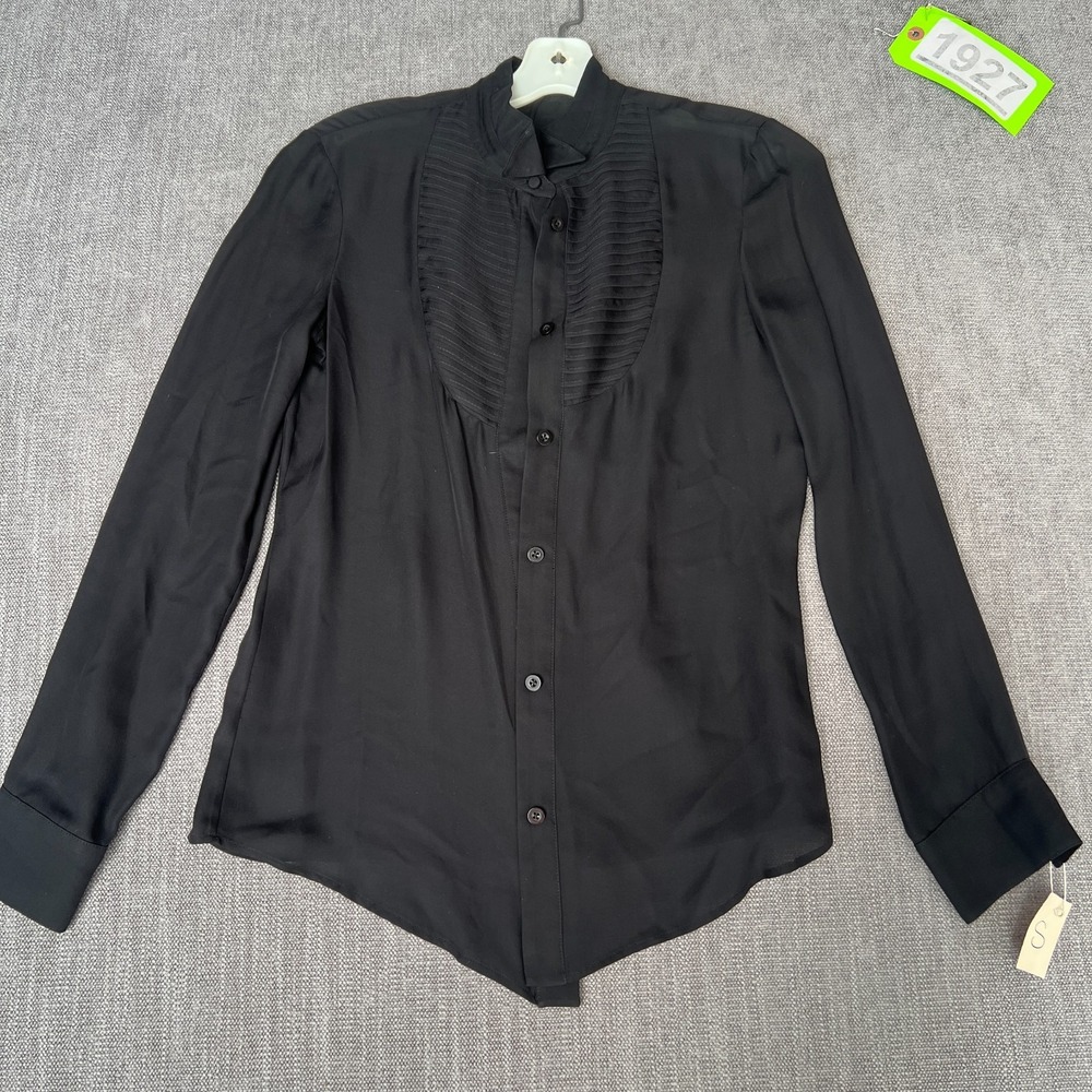Womens Shirt Top Small Black Pleated Ruffle Front Long Sleeve Elegant Button Up
